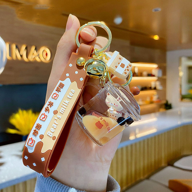 Cartoon Into Oild Pearl Milk Tea Bear Floating Liquid Keychain For Girl Bag Pendant Cute Mug Drink Bottle Keyring Key Charm Gift