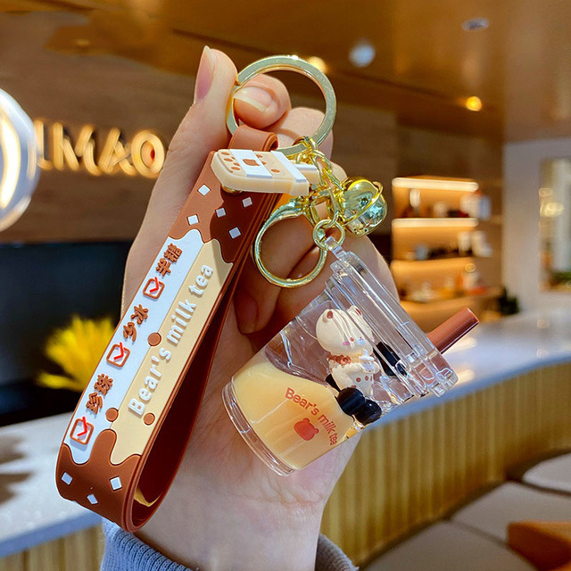 Cartoon Into Oild Pearl Milk Tea Bear Floating Liquid Keychain For Girl Bag Pendant Cute Mug Drink Bottle Keyring Key Charm Gift