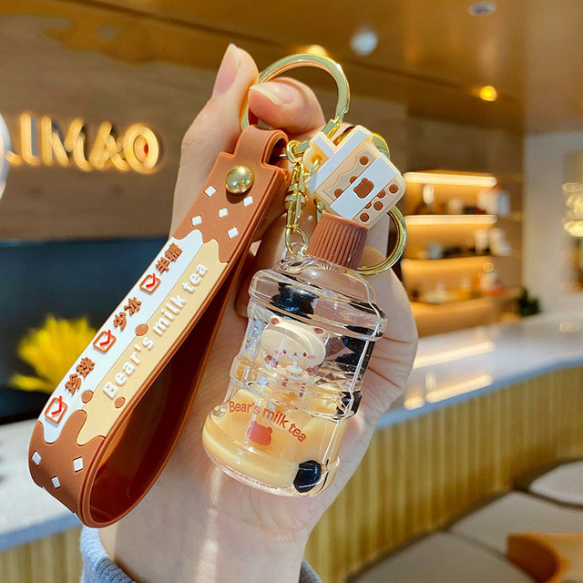 Cartoon Into Oild Pearl Milk Tea Bear Floating Liquid Keychain For Girl Bag Pendant Cute Mug Drink Bottle Keyring Key Charm Gift