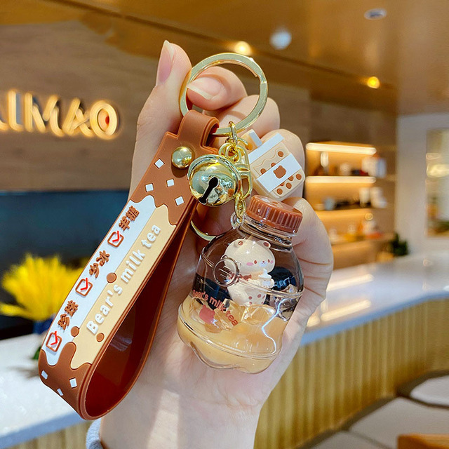 Cartoon Into Oild Pearl Milk Tea Bear Floating Liquid Keychain For Girl Bag Pendant Cute Mug Drink Bottle Keyring Key Charm Gift