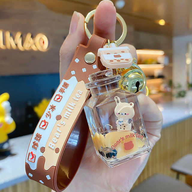 Cartoon Into Oild Pearl Milk Tea Bear Floating Liquid Keychain For Girl Bag Pendant Cute Mug Drink Bottle Keyring Key Charm Gift