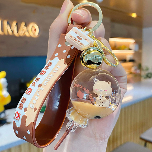 Cartoon Into Oild Pearl Milk Tea Bear Floating Liquid Keychain For Girl Bag Pendant Cute Mug Drink Bottle Keyring Key Charm Gift