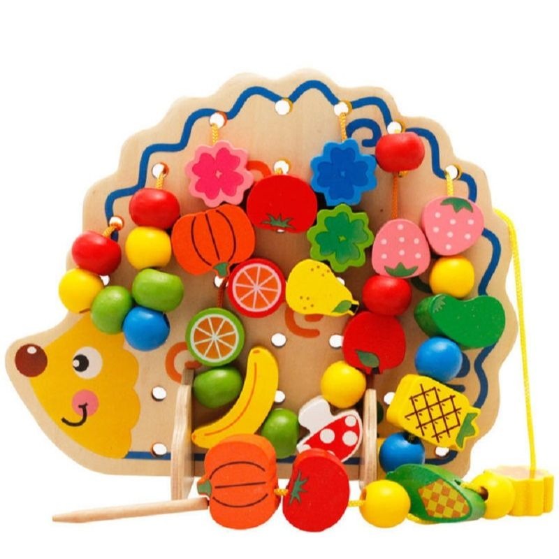 82Pcs Wooden Fruits Vegetables Lacing Stringing Beads Toys With Hedgehog Board Montessori Educational Toy Puzzle Toys Gift Kids