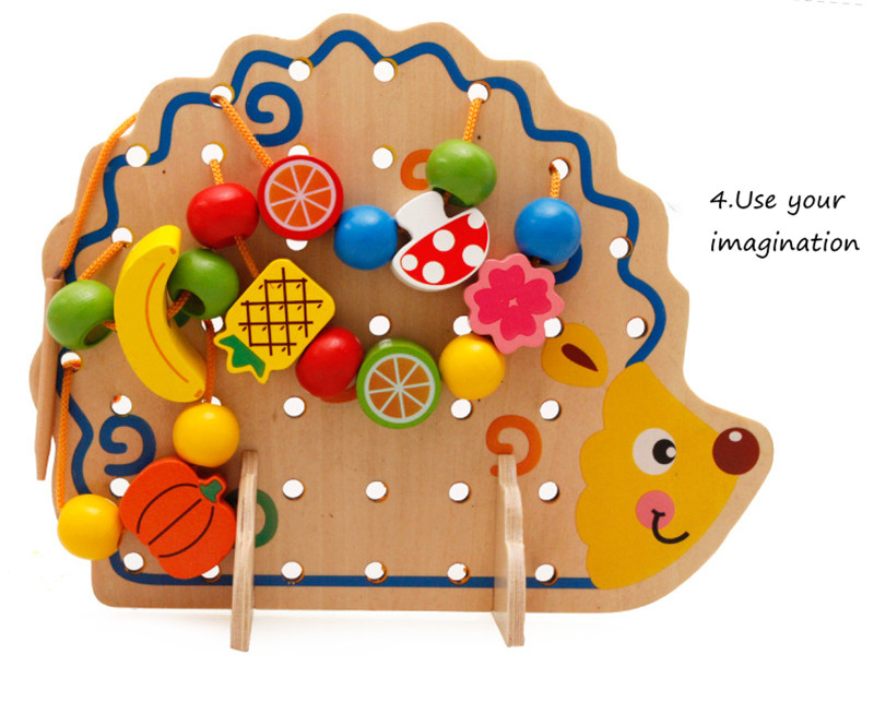 82Pcs Wooden Fruits Vegetables Lacing Stringing Beads Toys With Hedgehog Board Montessori Educational Toy Puzzle Toys Gift Kids
