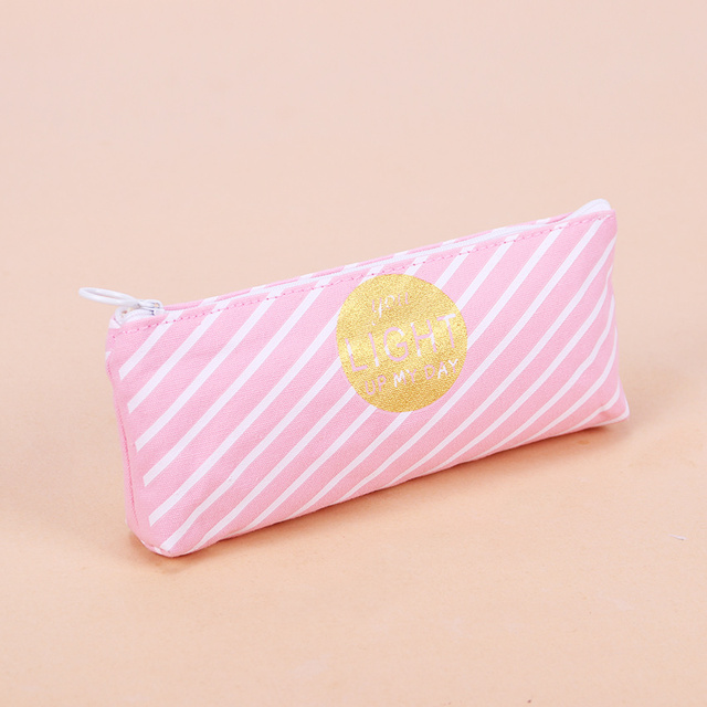 New Fresh Pink Stripe Case Cute Canvas Pencil Bag School Supplies Stationery Material  Pencil Case