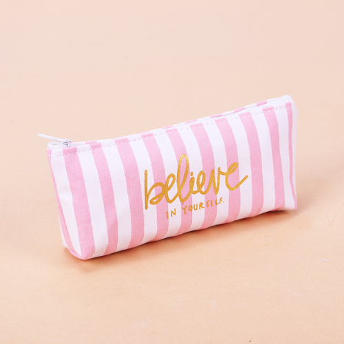 New Fresh Pink Stripe Case Cute Canvas Pencil Bag School Supplies Stationery Material  Pencil Case