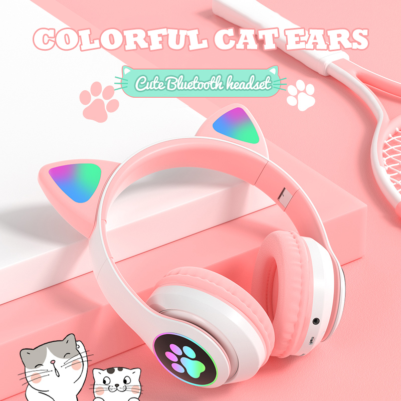 Flash Light Cute Cat Ears Wireless Headphones with Mic Can control LED Kid Girls Stereo Phone Music Bluetooth Headset