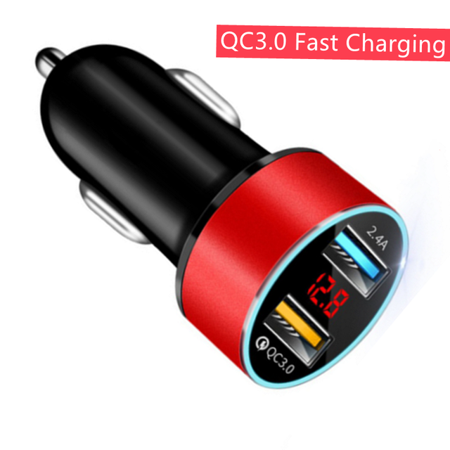 USB Car Charger Fast 12-24V Voltage Detection LED Digital Car Adapter Socket Quick Car Phone Charger With LED Lamp 3.1A QC3.0 2