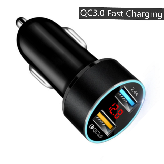 USB Car Charger Fast 12-24V Voltage Detection LED Digital Car Adapter Socket Quick Car Phone Charger With LED Lamp 3.1A QC3.0 2