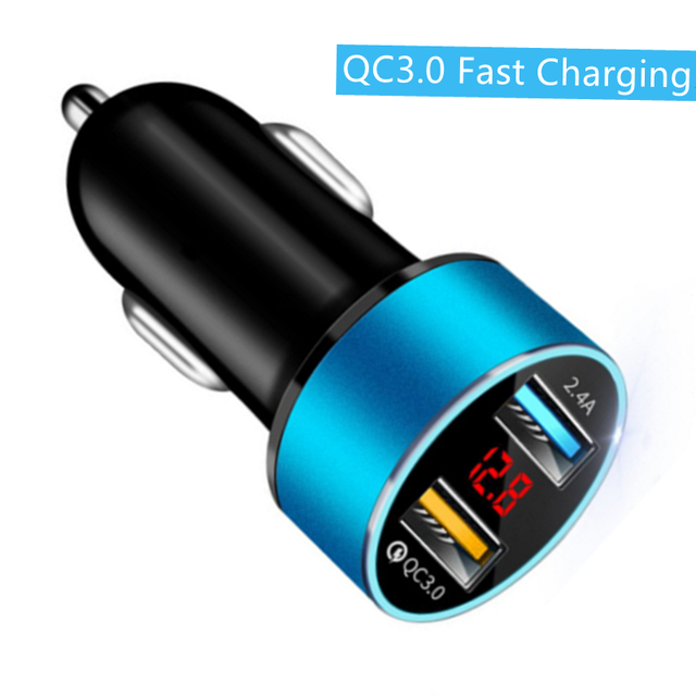USB Car Charger Fast 12-24V Voltage Detection LED Digital Car Adapter Socket Quick Car Phone Charger With LED Lamp 3.1A QC3.0 2