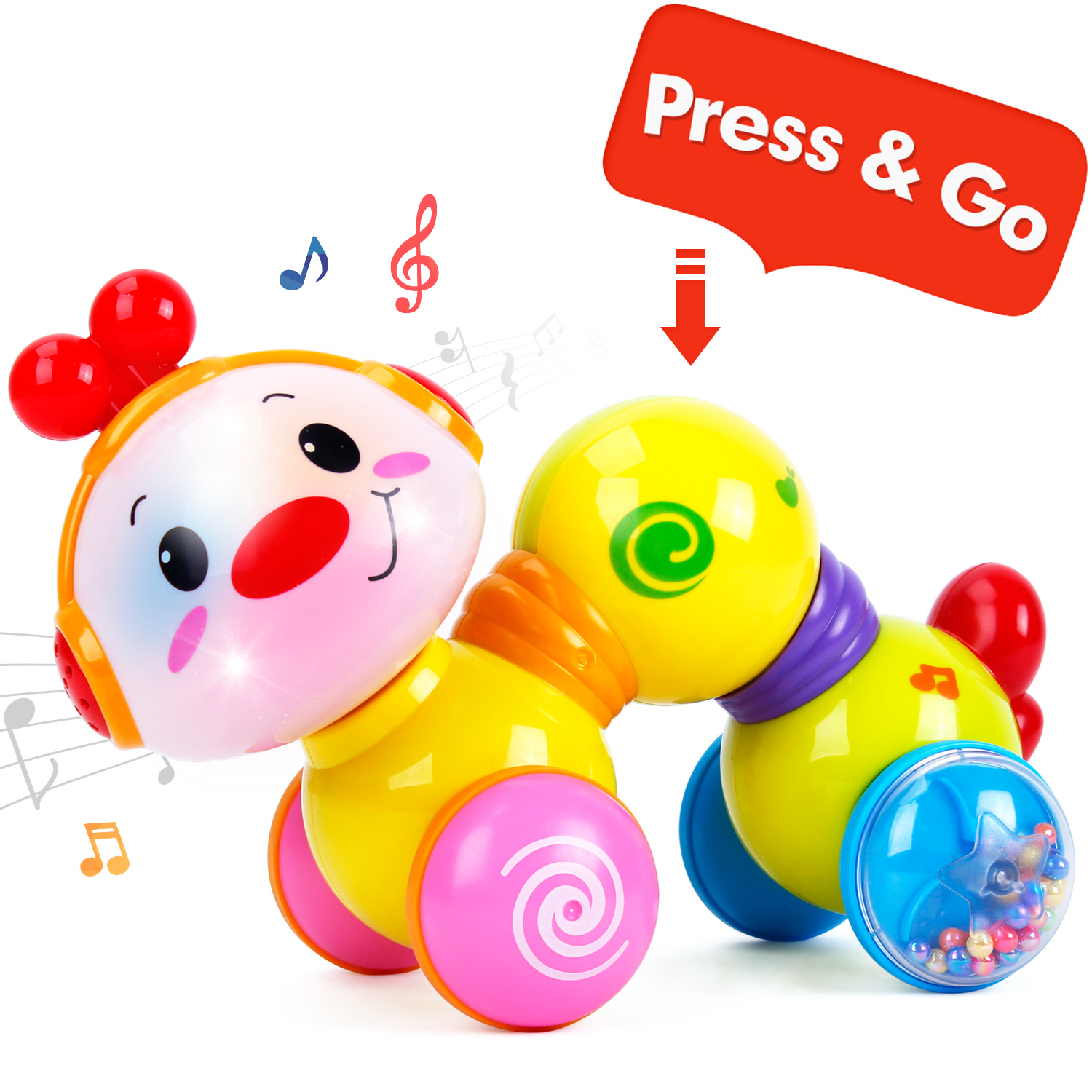 Hahaland Baby Toys Musical Press and Go Baby Toys for 6-18 Months Girl Boy Infant Gifts Caterpillar Crawling Toys with Light