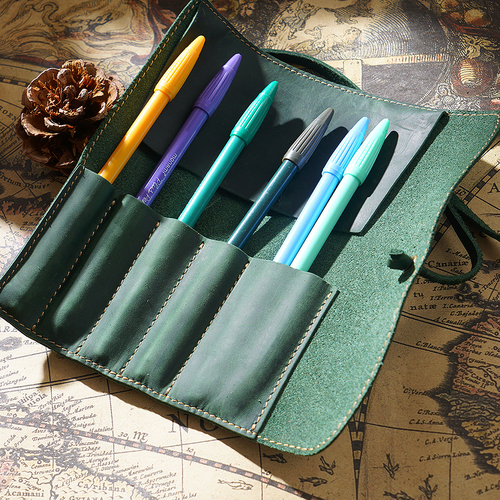 Vintage Cow Leather Pencil Case 100% Handmade Durable Retro Pen Bag Lapiz Cow Hide Roll Pencil Bag School Artist's Office