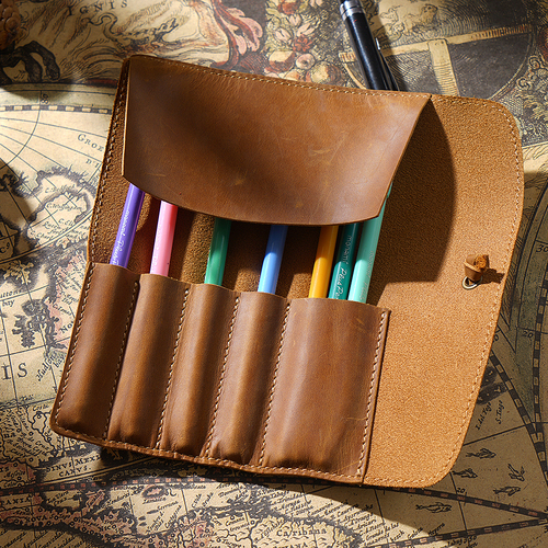 Vintage Cow Leather Pencil Case 100% Handmade Durable Retro Pen Bag Lapiz Cow Hide Roll Pencil Bag School Artist's Office