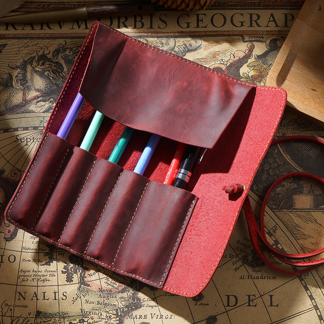 Vintage Cow Leather Pencil Case 100% Handmade Durable Retro Pen Bag Lapiz Cow Hide Roll Pencil Bag School Artist's Office