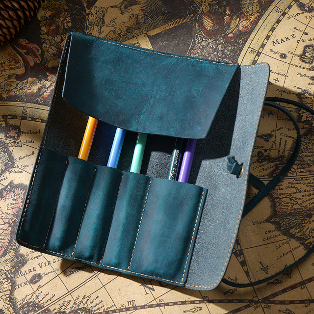Vintage Cow Leather Pencil Case 100% Handmade Durable Retro Pen Bag Lapiz Cow Hide Roll Pencil Bag School Artist's Office