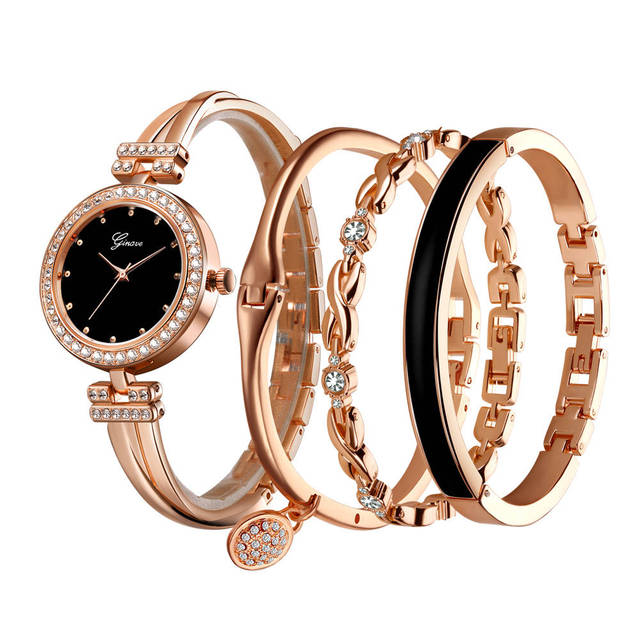 Set Ginave Watch Women Rose Gold Diamond Bracelet Watch Luxury Jewelry Ladies Female Girl Hour Casual Quartz Wristwatches