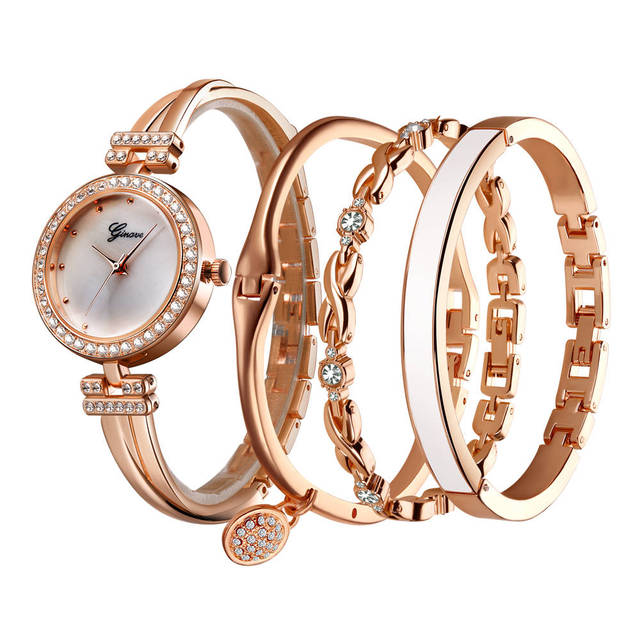 Set Ginave Watch Women Rose Gold Diamond Bracelet Watch Luxury Jewelry Ladies Female Girl Hour Casual Quartz Wristwatches