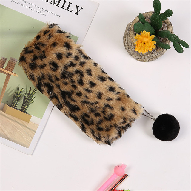 New 1pc Cute Plush Creative Leopard Print Pencil Case Fashion Pencil Pouch Pen Bag For Pen Box Cosmetic Pouch Storage Bag