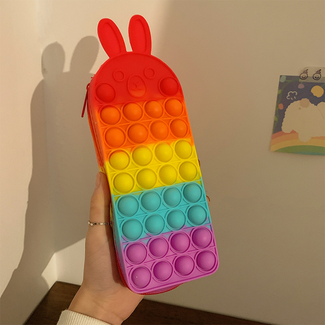 Color Rabbit Pops Pencil Case Sensory Silicone Bubble Toy Stationery Storage Bag for Children Stress Relieving Fidget Toy Gift