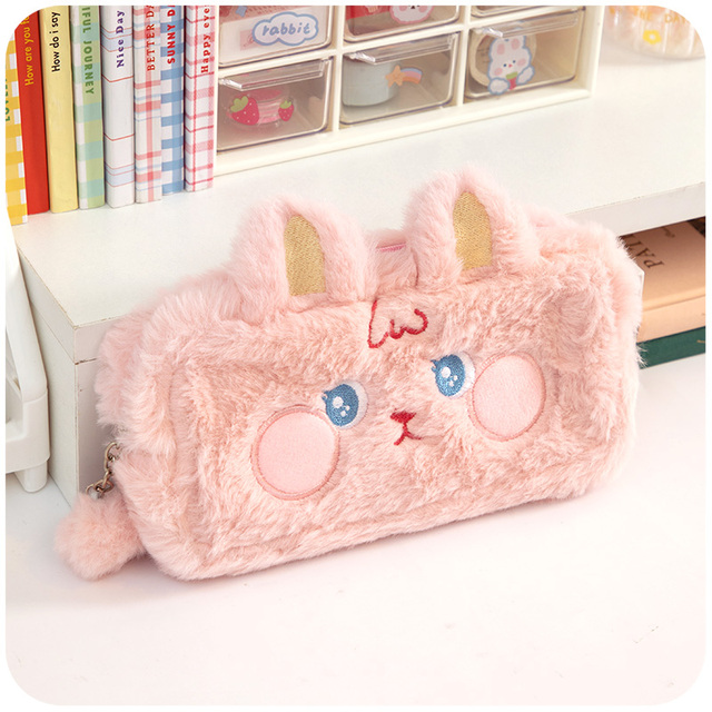 Cute Bear Bunny Cute Plush Pencil Pouch Pen Bag for Girls Kawaii Stationery Large Capacity Pencil Case Pen Box Cosmetic Pouch
