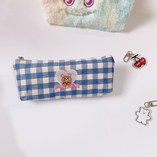 Vintage Check Pattern Pencil Bag Pen Case Color Lattice Cartoon Animals Embroidery Storage Pouch for Stationery Make Up Travel
