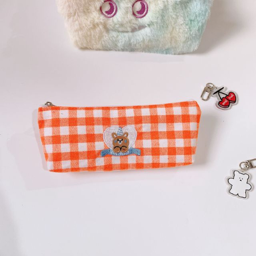 Vintage Check Pattern Pencil Bag Pen Case Color Lattice Cartoon Animals Embroidery Storage Pouch for Stationery Make Up Travel