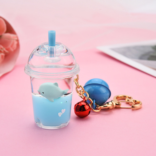 Acrylic Milk Bottle Keyring Milk Tea Cup Keychain Marine Animal Liquid Floating Key Chains Charm Bag Pendant Car Key Ring