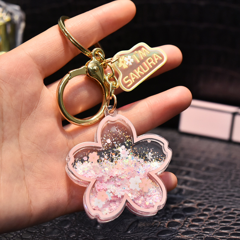 Creative Acrylic Quicksand Into Oil Cherry Blossom Key Chain Cute Couple Bag Pendant Keyfob Floating Liquid Sakura Keychain Gift
