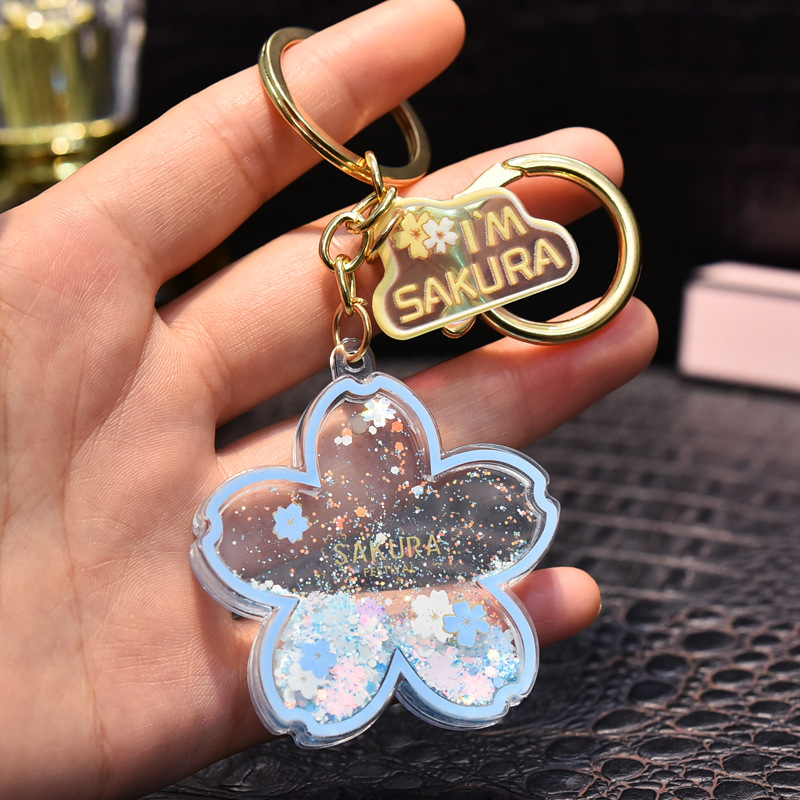 Creative Acrylic Quicksand Into Oil Cherry Blossom Key Chain Cute Couple Bag Pendant Keyfob Floating Liquid Sakura Keychain Gift