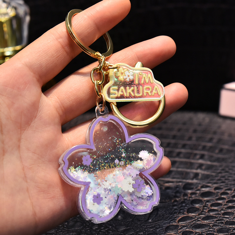 Creative Acrylic Quicksand Into Oil Cherry Blossom Key Chain Cute Couple Bag Pendant Keyfob Floating Liquid Sakura Keychain Gift