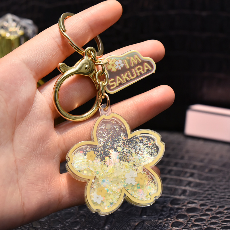 Creative Acrylic Quicksand Into Oil Cherry Blossom Key Chain Cute Couple Bag Pendant Keyfob Floating Liquid Sakura Keychain Gift