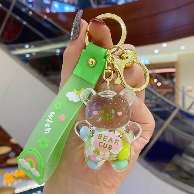 Kawaii Liquid Oil Chubby Bear Quicksand Keychain Cute Floating Colorful Balloons Key Chain Keyring Girl Bag Pendant Gifts