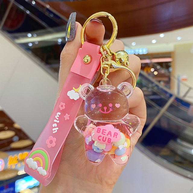 Kawaii Liquid Oil Chubby Bear Quicksand Keychain Cute Floating Colorful Balloons Key Chain Keyring Girl Bag Pendant Gifts