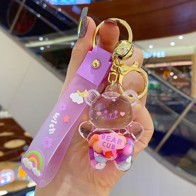 Kawaii Liquid Oil Chubby Bear Quicksand Keychain Cute Floating Colorful Balloons Key Chain Keyring Girl Bag Pendant Gifts