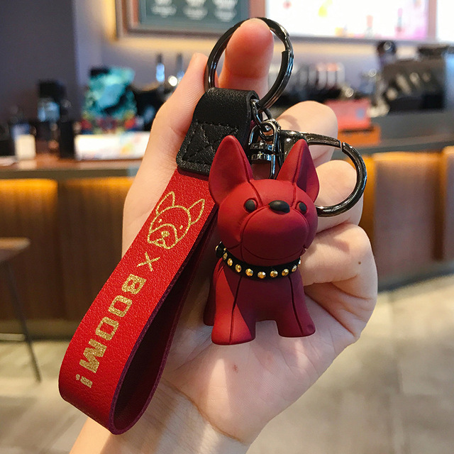 Fashion Punk French Bulldog Keychain PU Leather Dog Keychains for Women Bag Pendant Jewelry Trinket Men's Car Key Ring Key Chain
