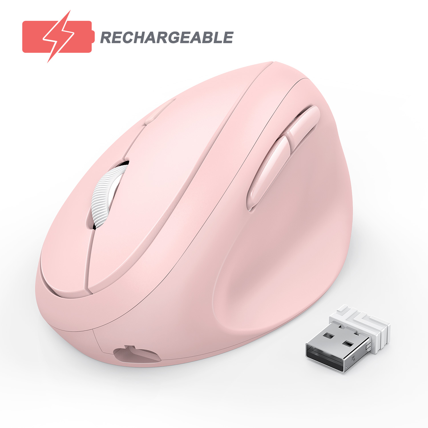 2.4GHz Wireless Mouse For Laptop Rechargeable Ergonomic Vertical Pink Mouse Optical Mice with 3 Adjustable DPI