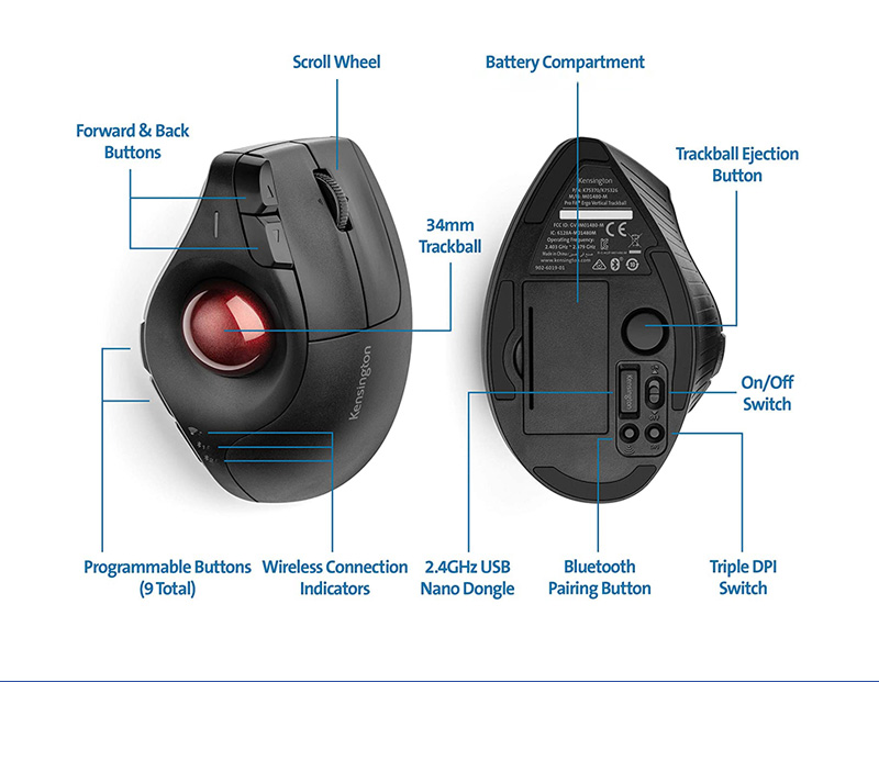 Vertical Wireless Trackball Mouse 2.4GHz/Bluetooth*2 Customized for AutoCAD