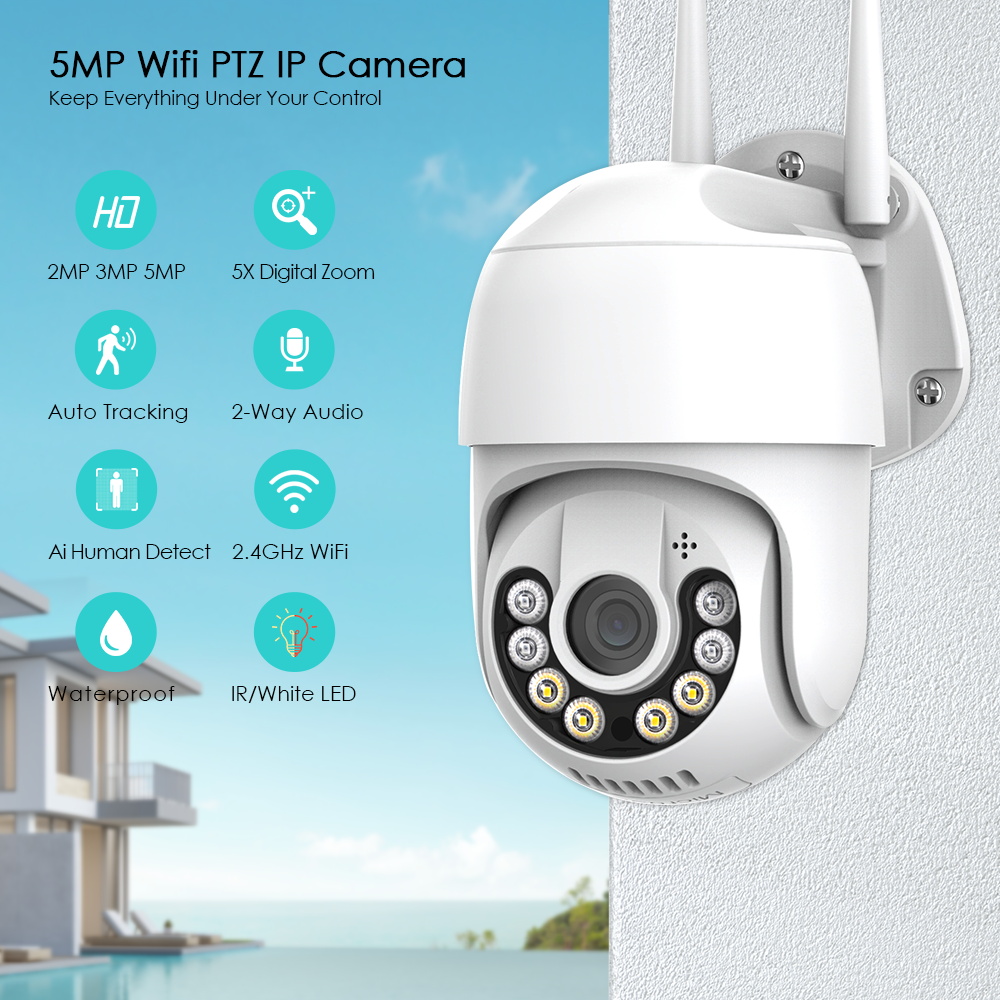 5MP Wifi IP Camera Outdoor Wireless 5X Digital Zoom AI Human Detect Camera H.265 P2P Audio Auto Tracking Security CCTV Camera