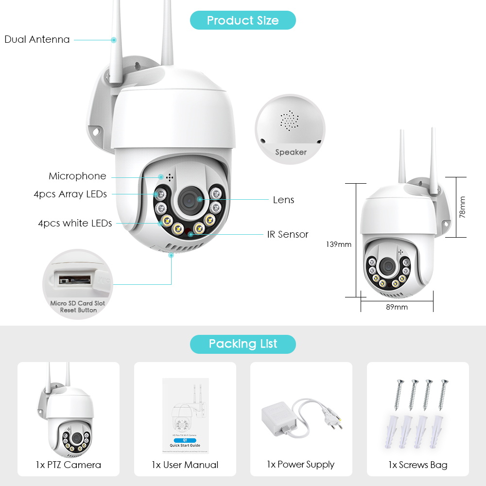 5MP Wifi IP Camera Outdoor Wireless 5X Digital Zoom AI Human Detect Camera H.265 P2P Audio Auto Tracking Security CCTV Camera