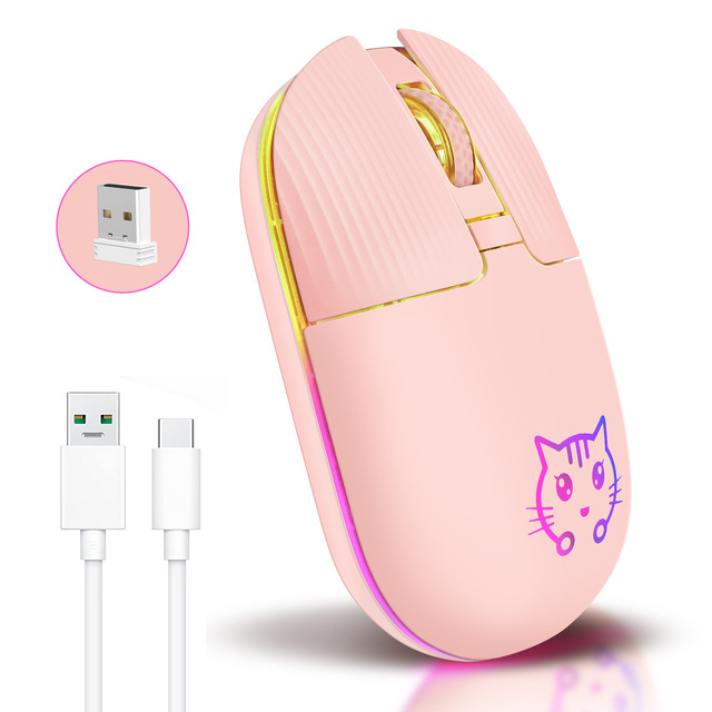 New Wireless Mouse Cartoon RGB 2.4G Rechargeable Mice USB Cute Pink Mouse Backlit 4D Ergonomic
