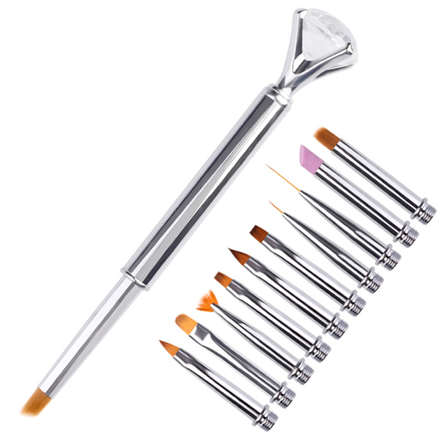 1+10Pcs/Set Nail Art Brush Metal Handle Replaceable Brushes Pen Liner UV Gel Gradient Painting Cuticle Pusher Manicure