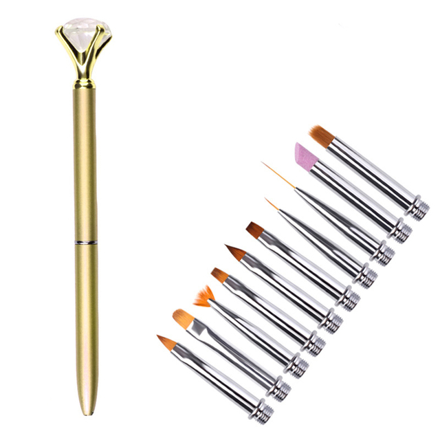 1+10Pcs/Set Nail Art Brush Metal Handle Replaceable Brushes Pen Liner UV Gel Gradient Painting Cuticle Pusher Manicure