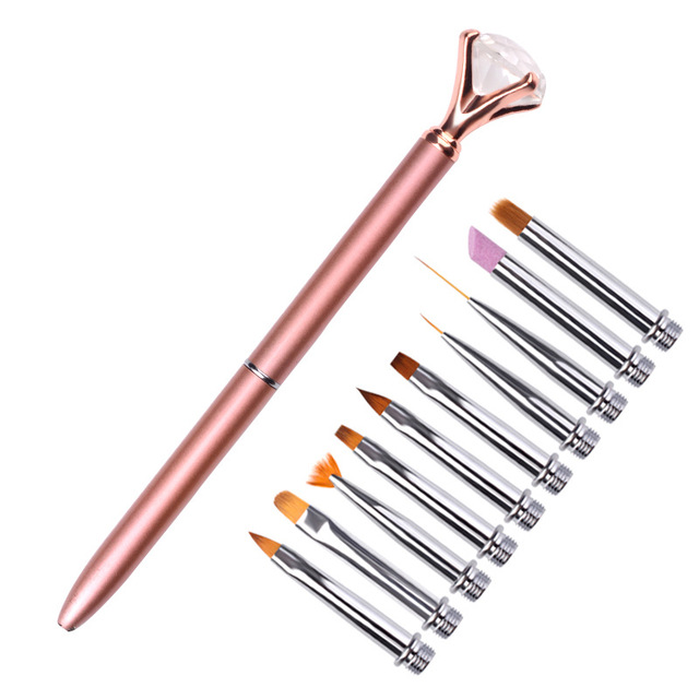 1+10Pcs/Set Nail Art Brush Metal Handle Replaceable Brushes Pen Liner UV Gel Gradient Painting Cuticle Pusher Manicure