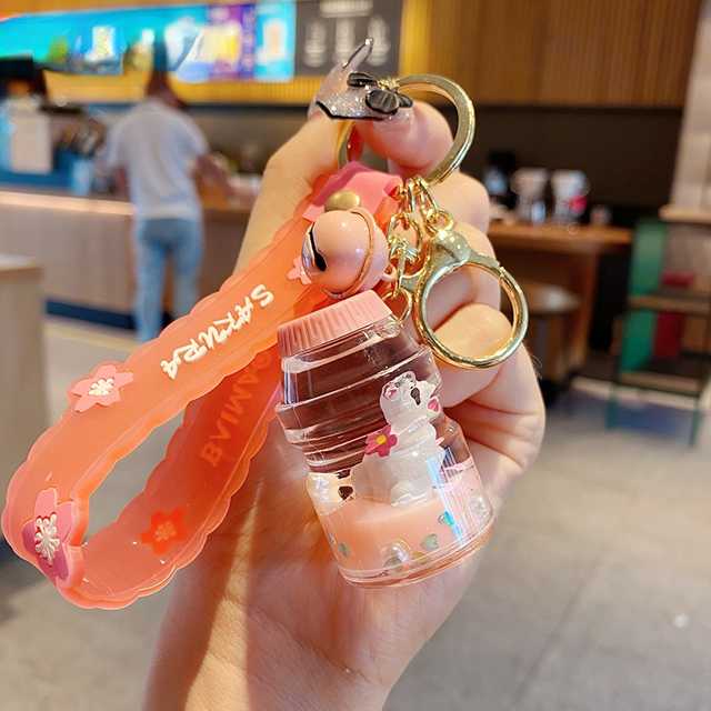 Floating Rabbit Liquid Oil Keychain Tea Cup Bottle Quicksand Acrylic Girl Car Key Ring Rabbit Cup Bottle Bag Pendant Gift Key