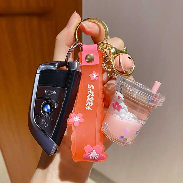 Floating Rabbit Liquid Oil Keychain Tea Cup Bottle Quicksand Acrylic Girl Car Key Ring Rabbit Cup Bottle Bag Pendant Gift Key