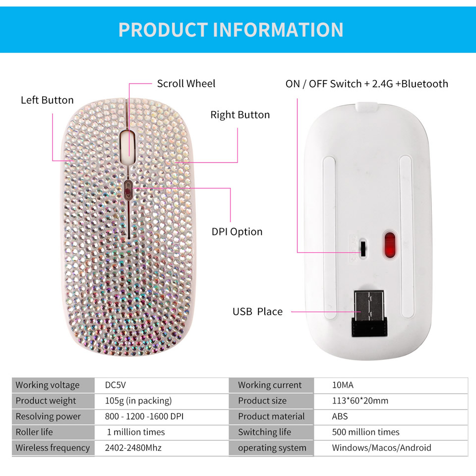 Wireless Mouse Bluetooth5.2 RGB Rechargeable Mouse Rhinestone Computer