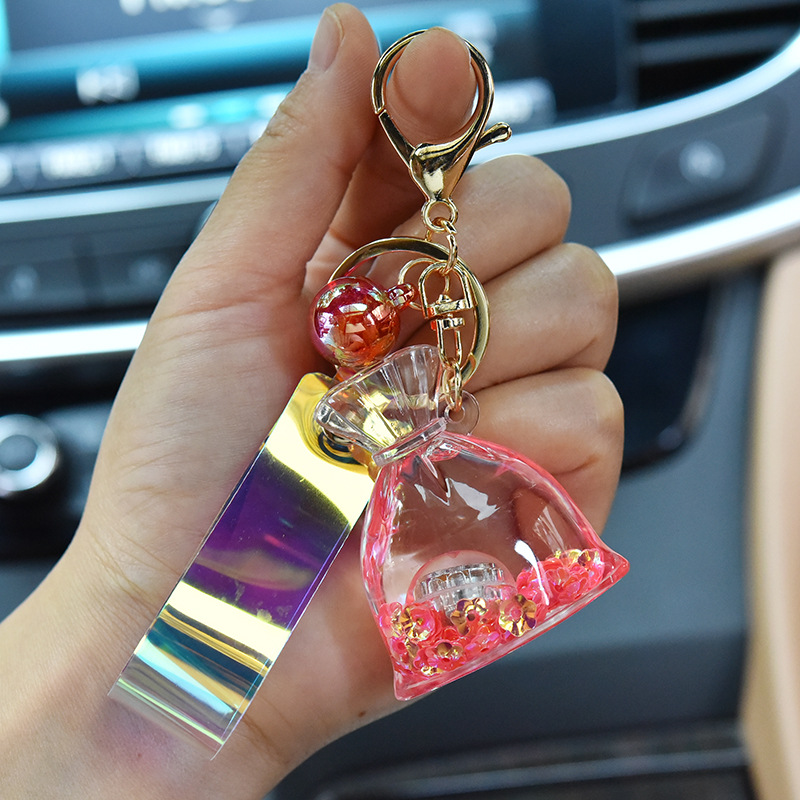 Creative Acrylic Glow Lucky Bag Liquid Keychain Quicksand Bottle Key Chains For Girl Bag Pendant Car Keyring Trinket Lovely Gift