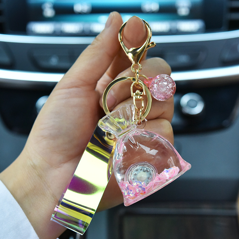 Creative Acrylic Glow Lucky Bag Liquid Keychain Quicksand Bottle Key Chains For Girl Bag Pendant Car Keyring Trinket Lovely Gift