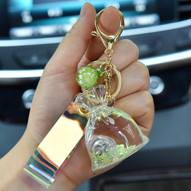 Creative Acrylic Glow Lucky Bag Liquid Keychain Quicksand Bottle Key Chains For Girl Bag Pendant Car Keyring Trinket Lovely Gift