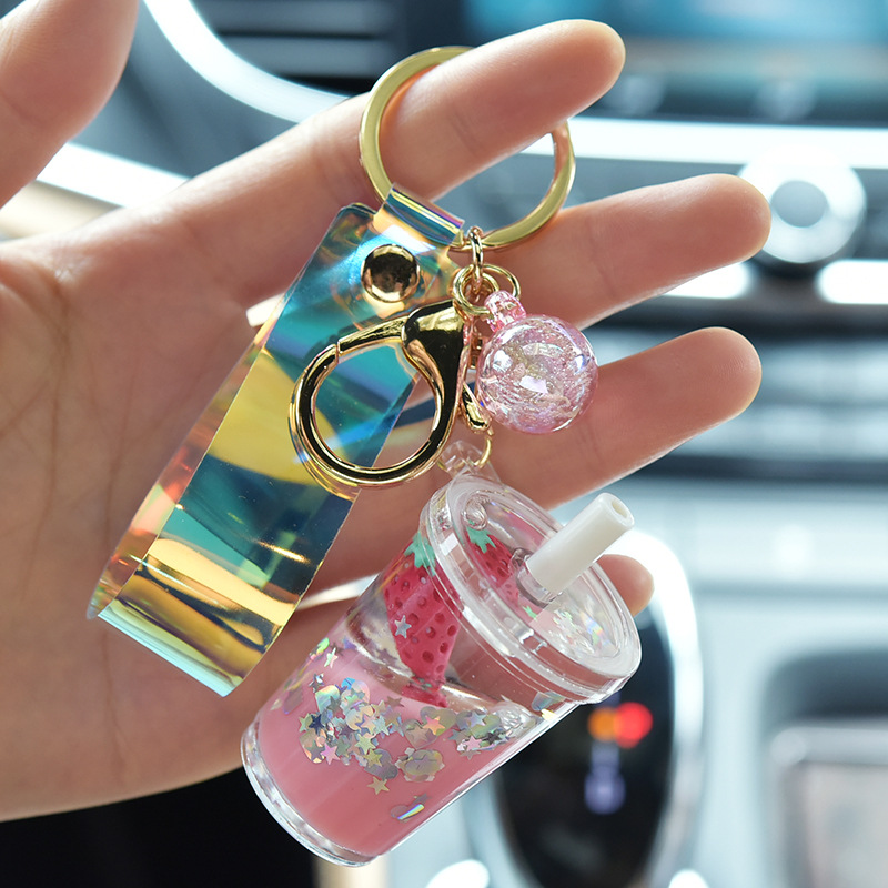 Creative Quicksand Sequin Fruit Strawberry Keychains Cartoon Moving Liquid Milk Tea Cup Keyring Bag Pendant Car Key Chain Gifts